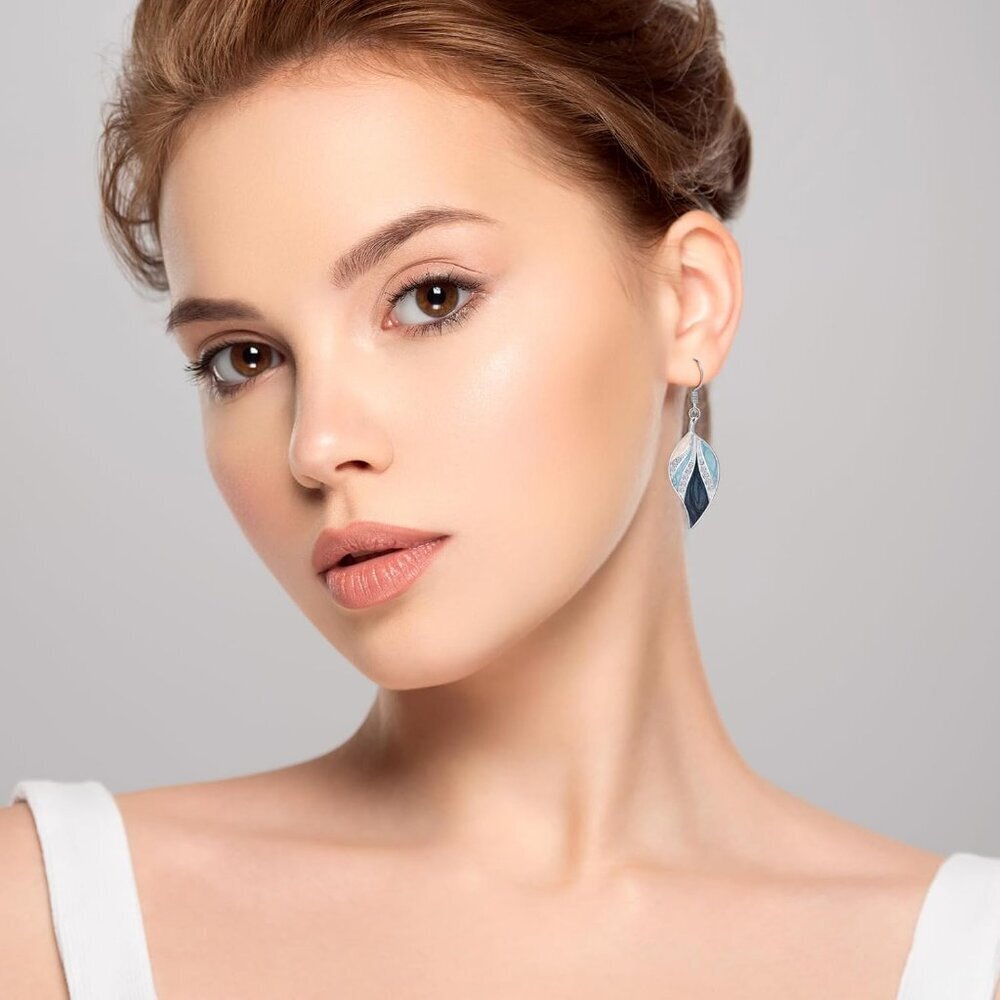 Women's Leaf Silver Dangle Earrings Boho Teardrop Dangling Blue Plant jewelry - Picture 2 of 7